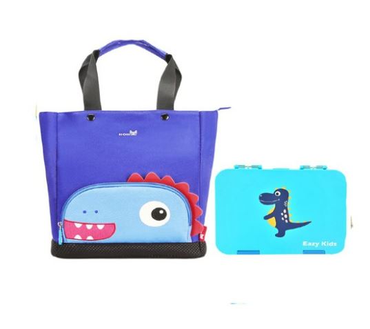 Eazy Kids Dinosaur Tote Bag and Bento Lunch Box-Blue