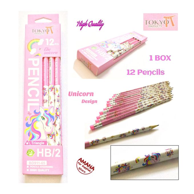 TOKYO Wonderful Pencil Set & Rubber - Unicorn Design - 12 Pcs On 1 B0X