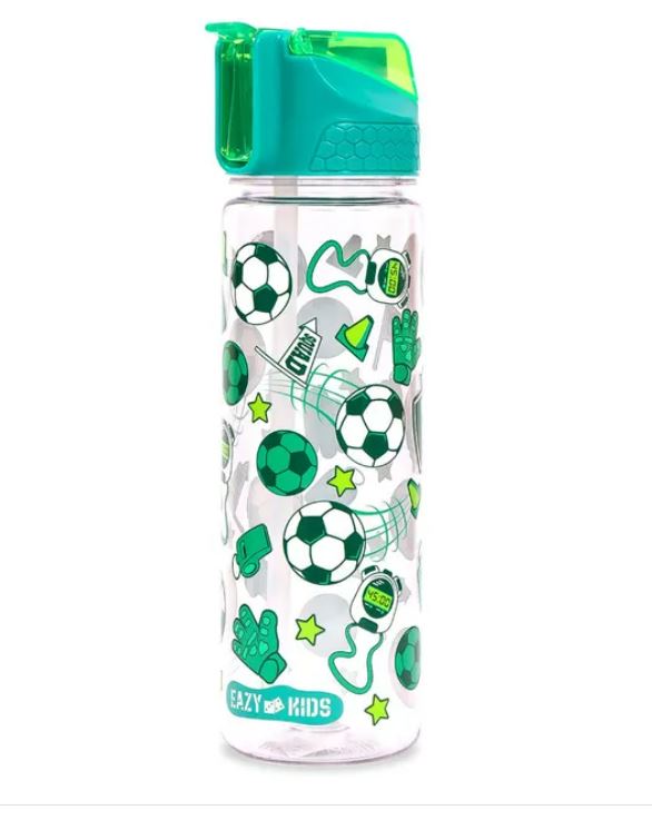 Eazy Kids Tritan Water Bottle w/ 2in1 drinking, Flip lid and Sipper, Soccer  - Green, 650ml