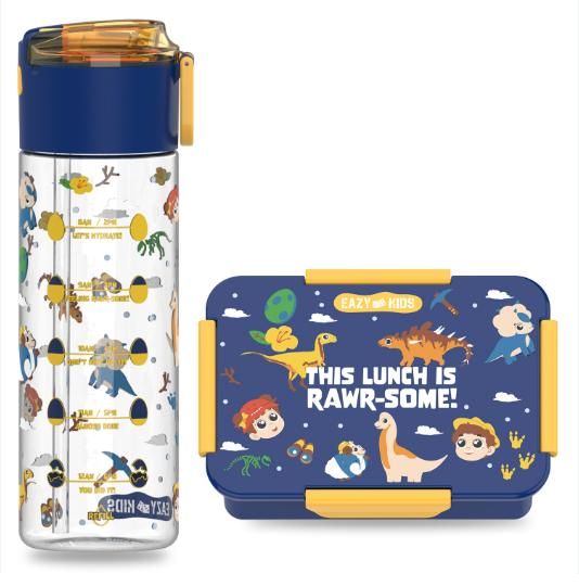Eazy Kids Lunch Box and Tritan Water Bottle w/ Snack Box, T-Rex- Blue, 450ml