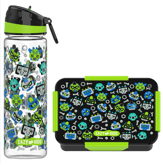 Eazy Kids Lunch Box and Tritan Water Bottle w/ Carry handle, Gen Z  - Black, 650ml