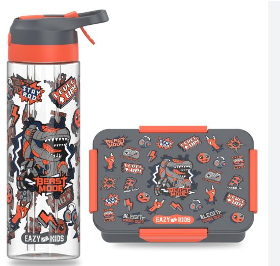 Eazy Kids Lunch Box and Tritan Water Bottle w/ Spray, Gen Z - Grey, 750ml