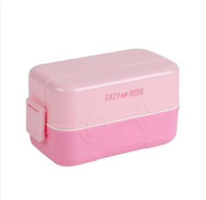 Eazy Kids Double Decker tic-tac-toe Lunch Box w/ Bento Compartment Splitter Sauce Box and Spoon-Pink (1200ml)