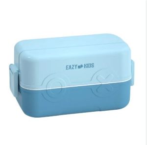Eazy Kids Double Decker tic-tac-toe Lunch Box w/ Bento Compartment Splitter Sauce Box and Spoon-Blue (1200ml)