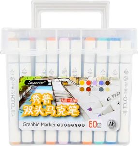 60 Superior Colors Art Markers Set Dual Heads Broad Fine Point with PP Storage Box for Children Students Professionals Artists Designers Drawing Coloring Sketching