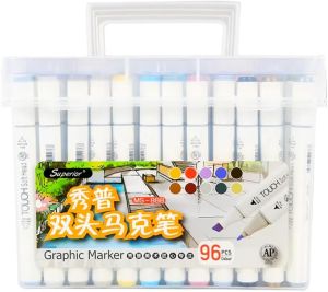 96 Superior Colors Art Markers Set Dual Heads Broad Fine Point with PP Storage Box for Children Students Professionals Artists Designers Drawing Coloring Sketching