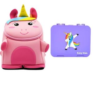 Eazy Kids Unicorn 3D  Bag + Bento Lunch Box-Purple