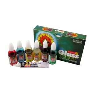 Camlin Glass Colors ( Solvent Based ) 5 Assorted Shades 20ml Bottle + 1 medium in 20 ml bottle ( Transparent Shade) + Glass Liner