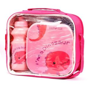 Eazy Kids Lunch Box and Water Bottle With Bag - Dino Pink