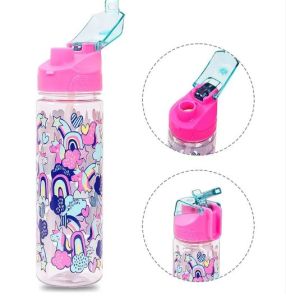Eazy Kids Tritan Water Bottle w/ 2in1 drinking, Flip lid and Sipper, Unicorn  - Pink, 650ml