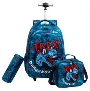 Eazy Kids - 18" Set of 3 Trolley School Bag Lunch Bag & Pencil Case Trex Dinosaur - Blue