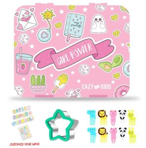 Eazy Kids 5 & 4 Convertible Bento Lunch Box wt Sandwich Cutter Set - Girl Power - Pink