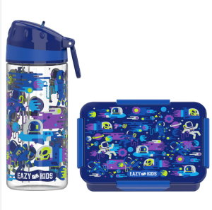 Eazy Kids Lunch Box and Tritan Water Bottle w/ Carry handle, Astronauts  - Blue, 420ml
