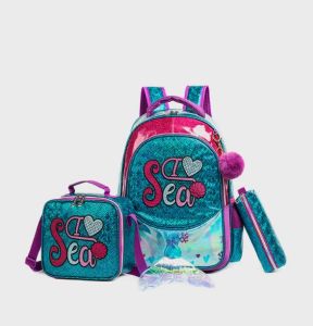  حقيبة مدرسية للأطفال مقاس 17 بوصة من إيزي ، مجموعة من 3 مقلمة بحر حورية البحر - أخضر