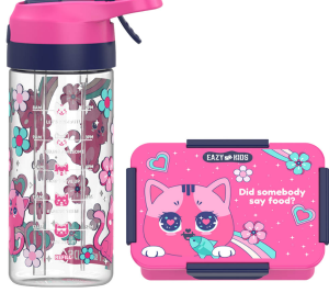 Eazy Kids Lunch Box Set and Tritan Water Bottle w/ Spray, Cat  - Pink, 420ml