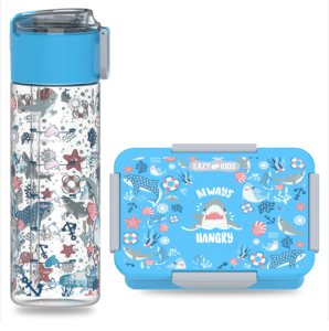 Eazy Kids Lunch Box and Tritan Water Bottle w/ Snack Box, Shark  - Blue, 450ml