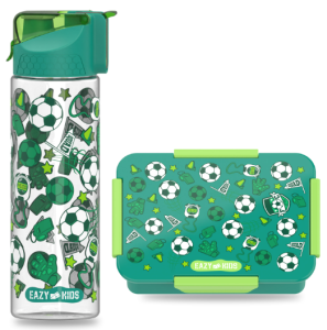 مجموعة صندوق غذاء للأطفال من إيزي وزجاجة مياه تريتان مع 2 في 1 للشرب وغطاء قابل للطي وشفرة ، كرة قدم - أخضر ، 650 مل