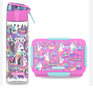 Eazy Kids Lunch Box and Tritan Water Bottle w/ Spray, Unicorn Desert  - Pink, 750ml