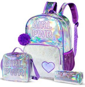 Eazy Kids-18" School Bag Lunch Bag Pencil Case Set of 3 Girl Power - Purple
