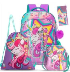 Eazy Kids - 18" Set of 4 School Bag -Lunch Bag -Activity Bag & Pencil Case Unicorn-Pink