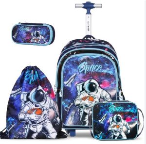 Eazy Kids - Back to School - 17" Set of 4 School Bag- Lunch Bag- Activity Bag & Pencil Case Astronaut-Blue