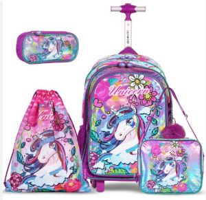Eazy Kids - Back to School - 17" Set of 4 School Bag- Lunch Bag -Activity Bag & Pencil Case Unicorn - Pink 