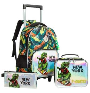 إيزي كيدز - طقم من 3 حقيبة مدرسية بعجلات 16 بوصة - حقيبة غداء ومقلمة ديناصور نيويورك - أخضر