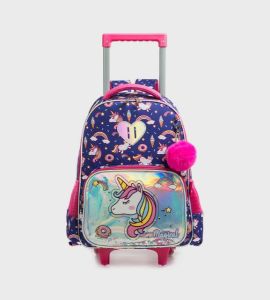 Eazy Kids - 16" Set of 3  Trolley School Bag Lunch Bag & Pencil Case Unicorn Chrome - Blue