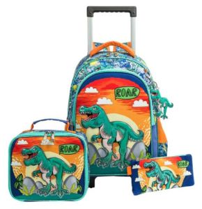 Eazy Kids - 16" Set of 3  Trolley School Bag Lunch Bag & Pencil Case Dinosaur  - Orange