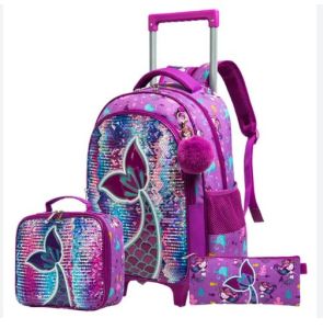 Eazy Kids - 16" Set of 3 Trolley School Bag -Lunch Bag & Pencil Case Mermaid - Purple
