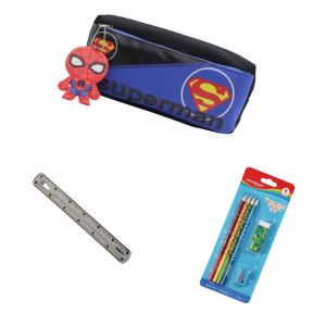 Bundle Of (Penceil Case - Spider Man & Set Of 4 Pencils + Sharpener + Eraser / Card - KR971913 & Plastic Ruler - 30cm)