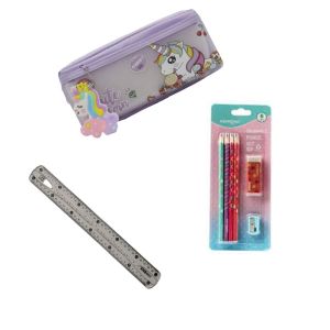 Bundle Of (Pencil Case - Unicorn-For Girls & Set Of 4 Pencils + Sharpener + Eraser / Card - KR971914 & Plastic Ruler - 30cm)