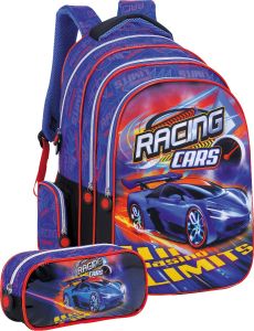 Prima Backpack Racing cars for Boys with Free Pencil Case